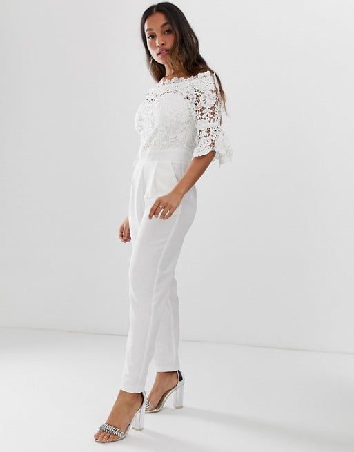 Paper Dolls Petite Bardot Cutwork Lace Tailored Jumpsuit