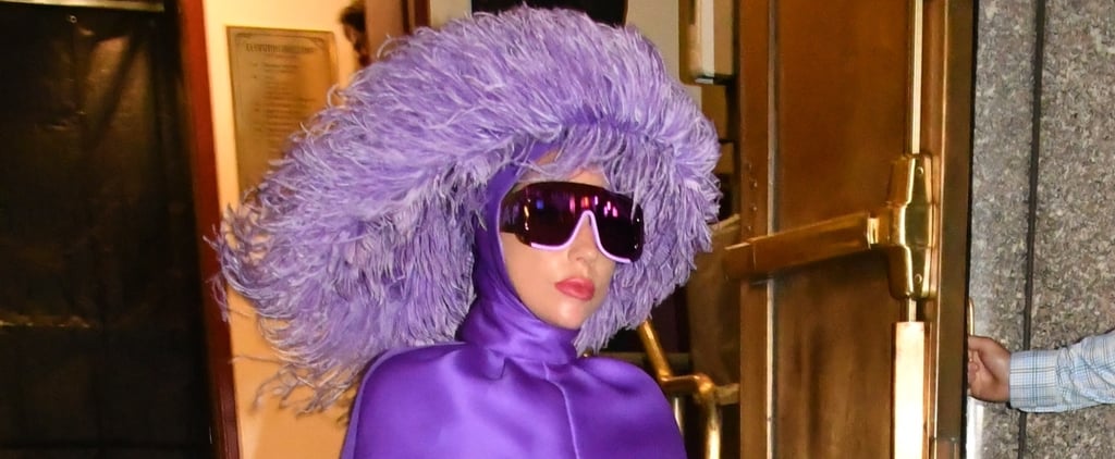 Lady Gaga's Purple Valentino Cape Dress and Feathered Hat