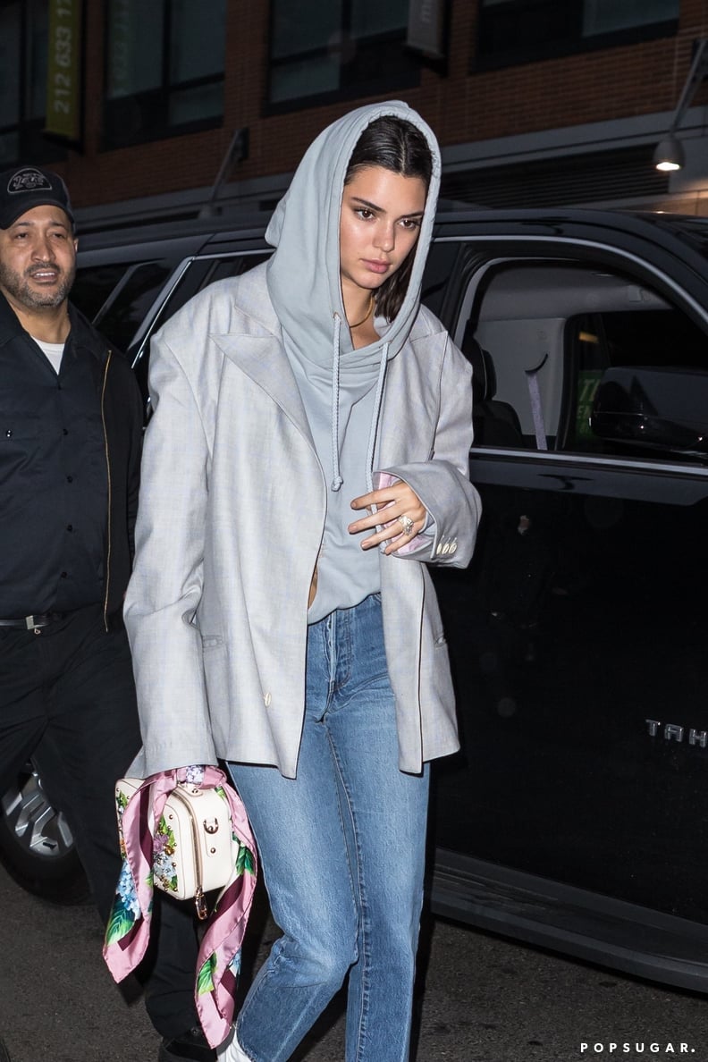 Kendall Jenner Wore a Gray Hoodie, Oversize Blazer, and High-Waisted Jeans