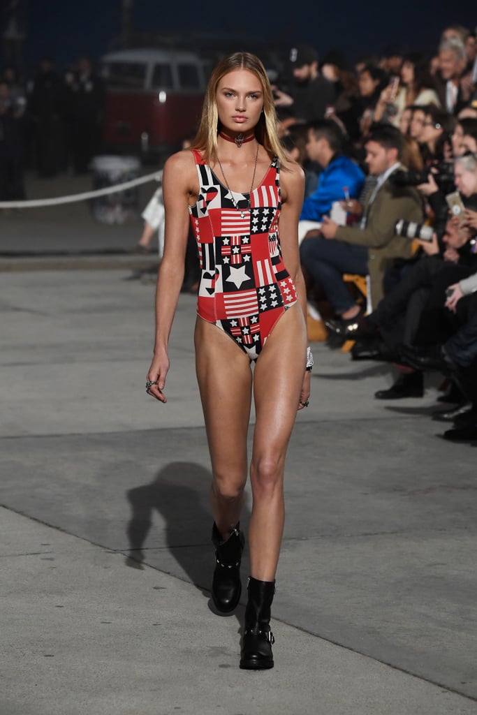 And modeled a patriotic swimsuit at the Tommy Hilfiger show in LA.