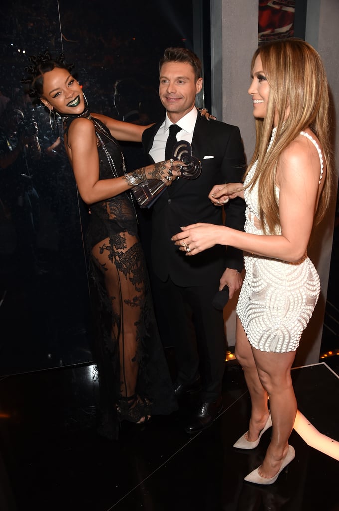 Rihanna, Ryan Seacrest, and Jennifer Lopez shared a jovial moment at the star-studded iHeartRadio Music Awards in LA on Thursday.