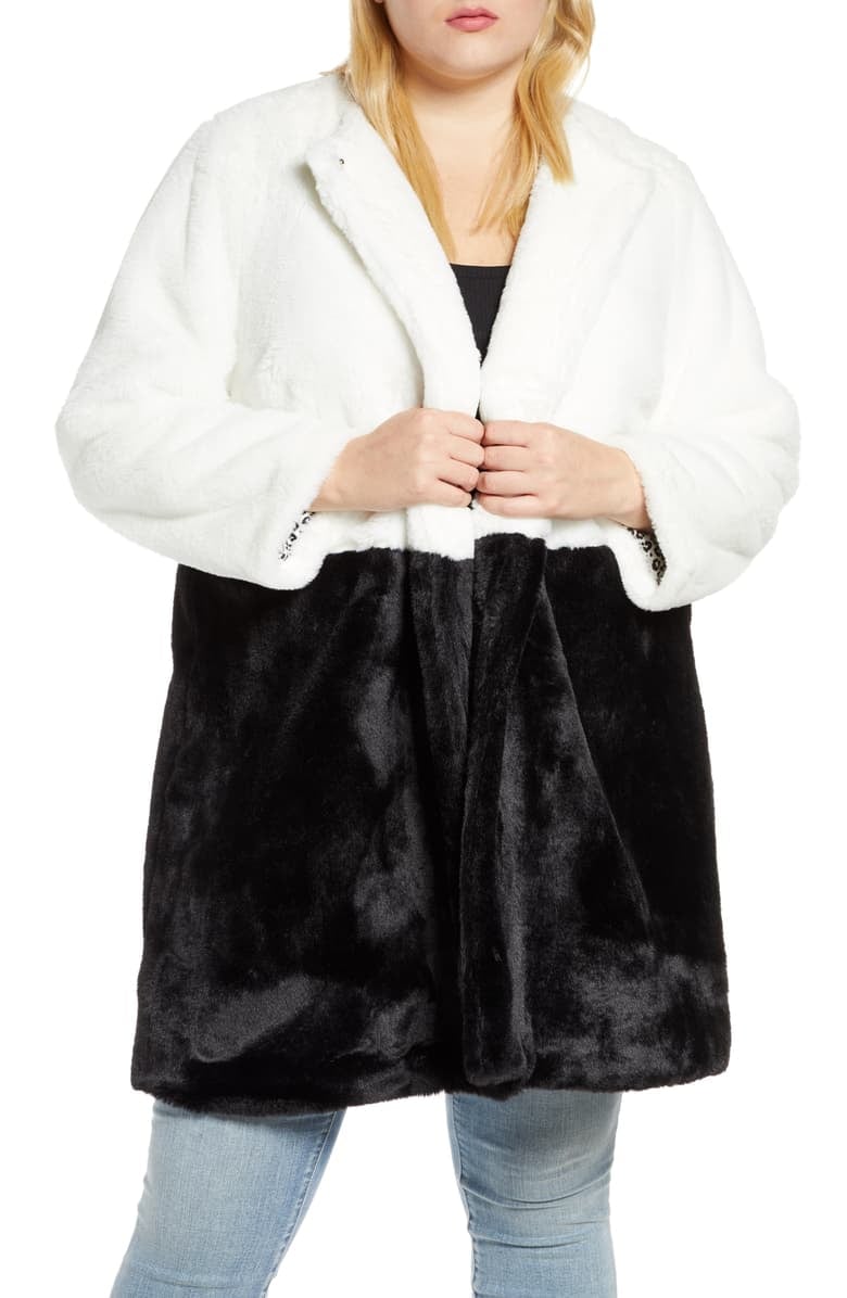 Single Thread Plus Size Colorblock Faux Fur Coat