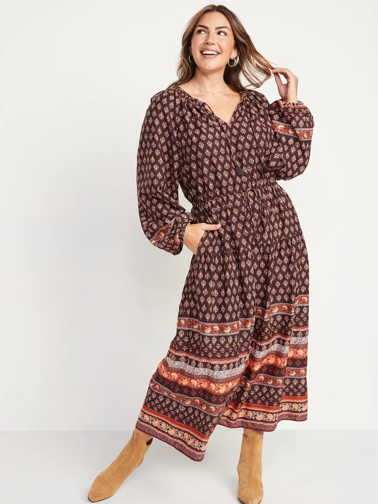 Old Navy Long-Sleeve Waist-Defined Tiered Poet Midi Dress