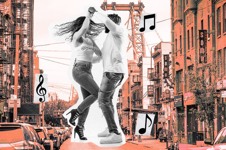 A collage showing a man and a woman dancing, with the Brooklyn Bridge in the background along with some musical notes spliced ​​in.