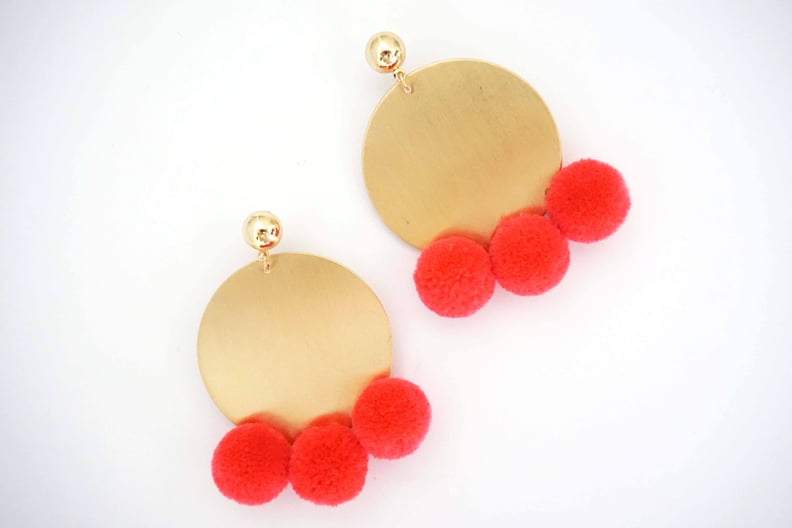 Pink Pom-Pom and Gold Circle Statement Earrings