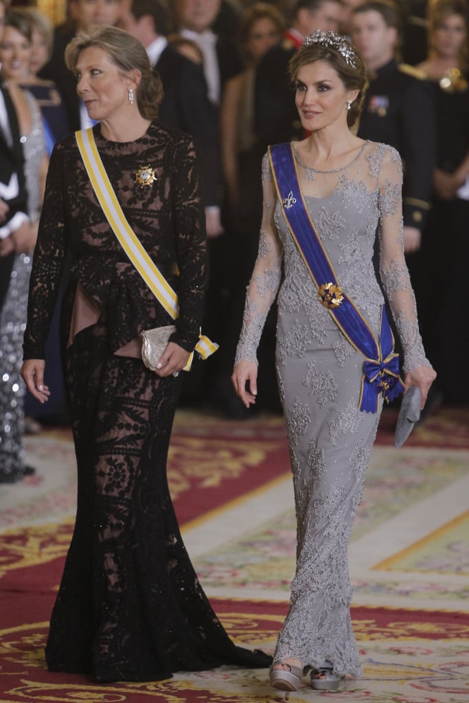 In March, Queen Letizia made a gorgeous appearance at a gala dinner at the royal palace alongside Colombia's First Lady María Clemencia Rodríguez Múnera.