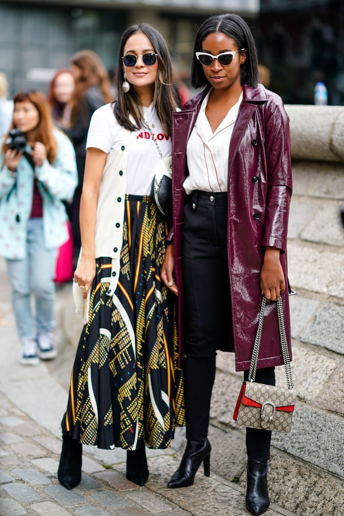 If you want to honor Ross and dabble in leather this year, we recommend a faux leather trench, like the one you see here, or adding a pop of color to your jacket — it'll definitely be a showstopper. As for that maxi skirt, the bolder the print, the more fun you can have!