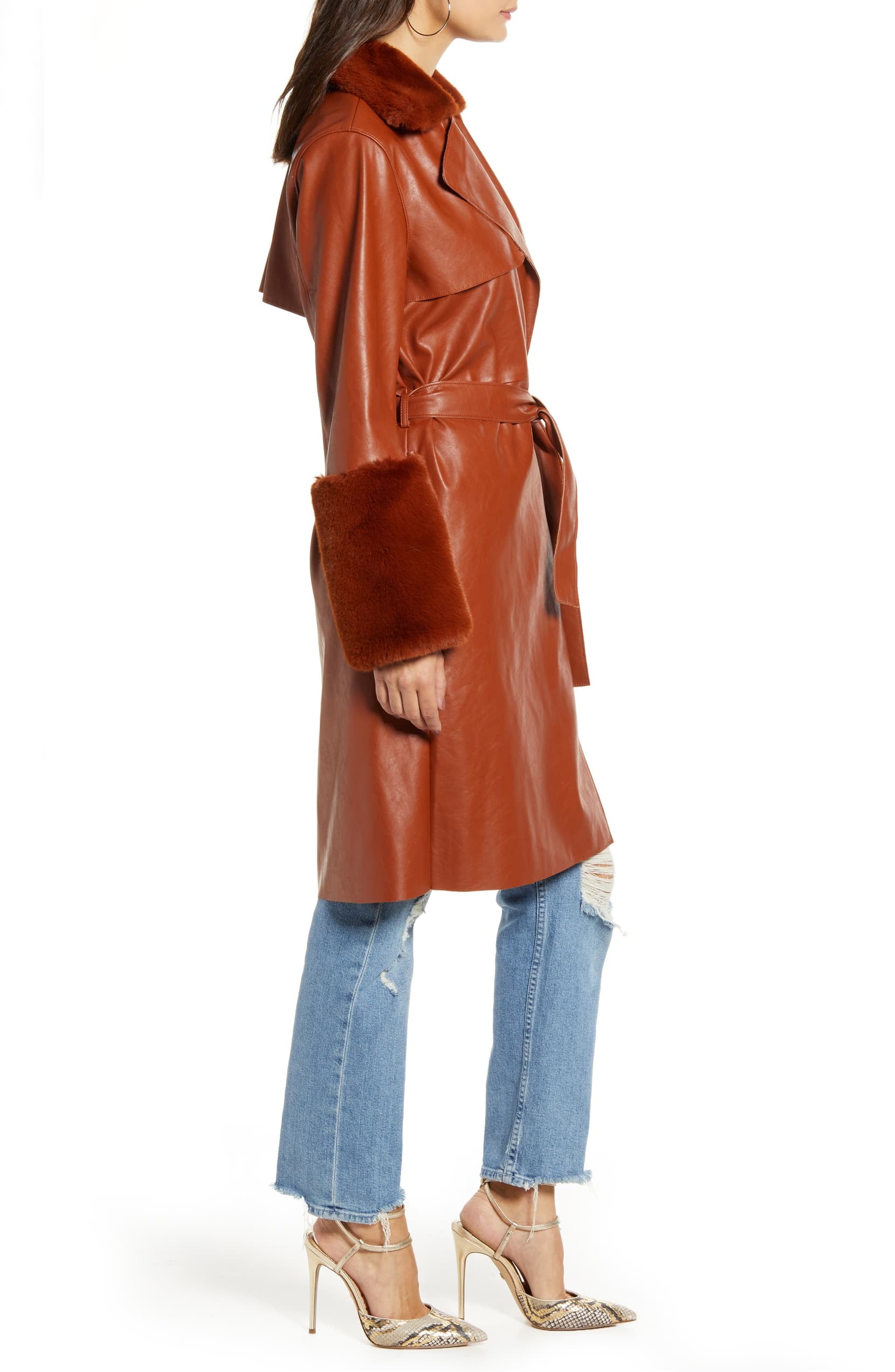 blanknyc faux leather trim long hooded jacket