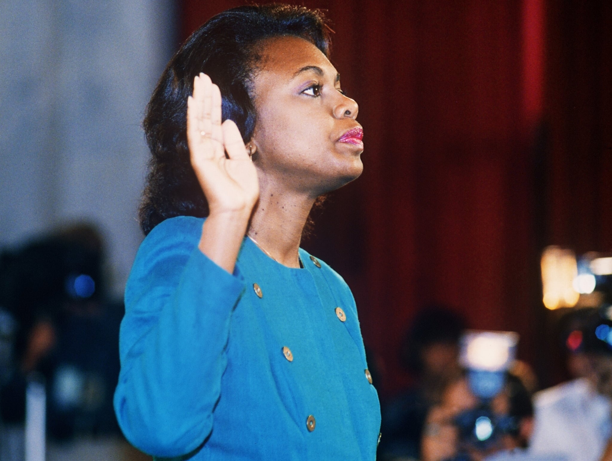 WASHINGTON, DC - OCTOBER 12:  US law professor Anita Hill takes oath, 12 October 1991, before the Senate Judiciary Committee in Washington D.C.. Hill filed sexual harassment charges against US Supreme Court nominee Clarence Thomas.  (Photo credit should read JENNIFER LAW/AFP/Getty Images)