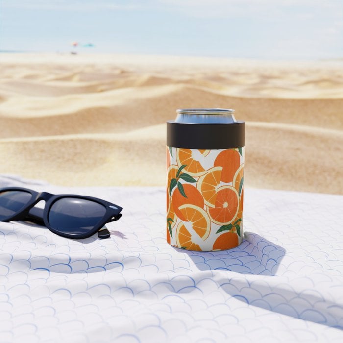 Orange Harvest Can Cooler by leannesimpsonart