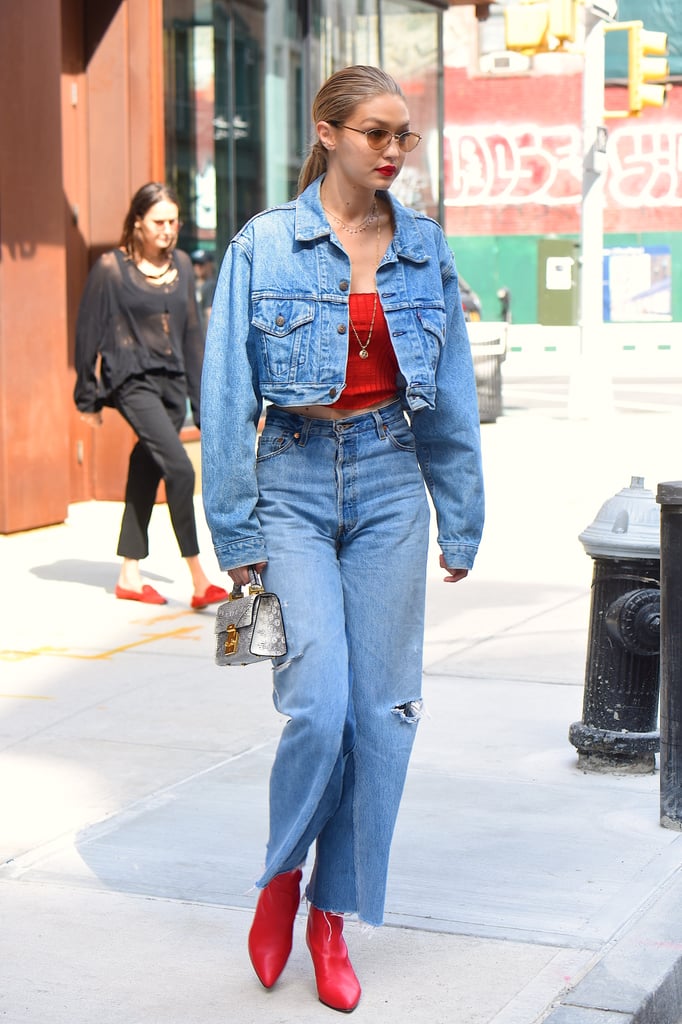 Like her sister Bella, Gigi's a fan of denim on denim. She wore Re/Done kick flares and Stuart Weitzman Clingy booties. You can easily re-create the look with just two pieces: a denim jacket and jeans of the same wash.