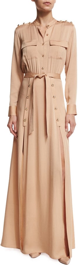 Self-Portrait Long-Sleeve Crepe Military Maxi Dress, Camel ($590)