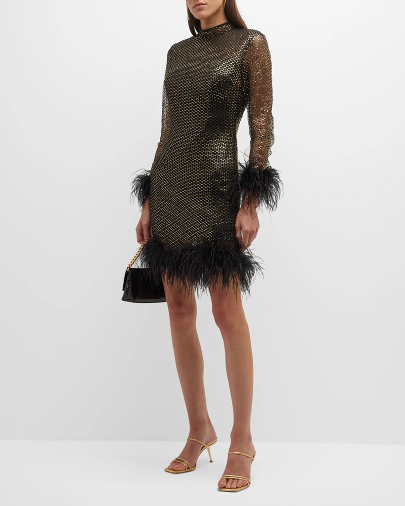 Jovani Sequin Mock-Neck Feather-Trim Minidress