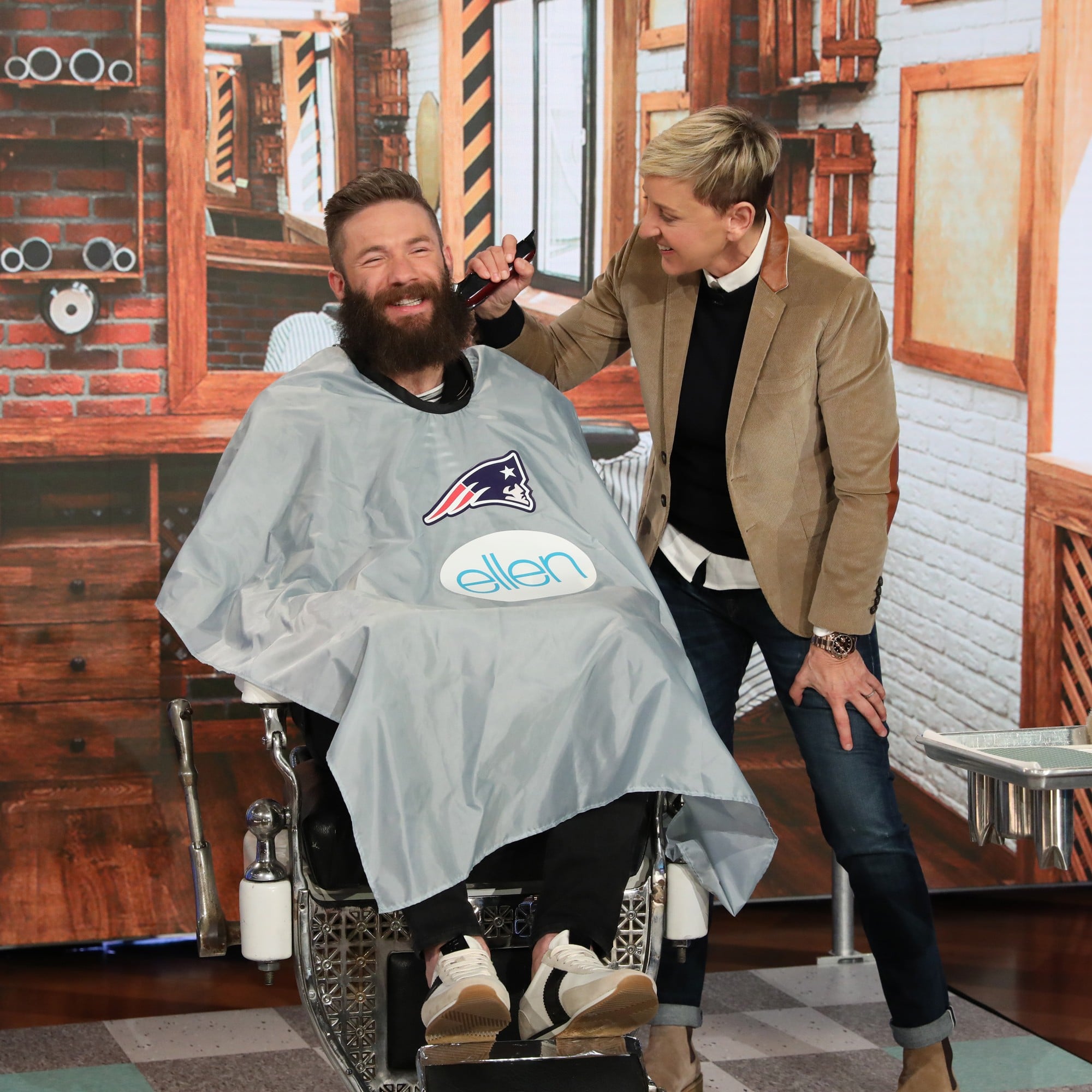 Ellen Degeneres Shaves Julian Edelman S Beard Video Popsugar