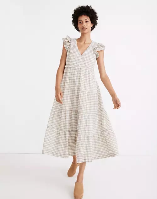 Madewell Gingham Seersucker Ruffle-Sleeve Tiered Midi Dress