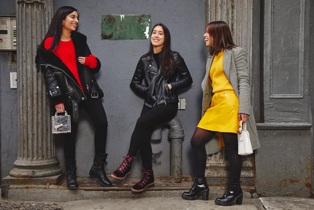 Assistant Editors Nikita Ramsinghani and Marina Liao, and Editor Sarah Wasilak wearing combat boots during Fashion Week. Get our full outfit details here.