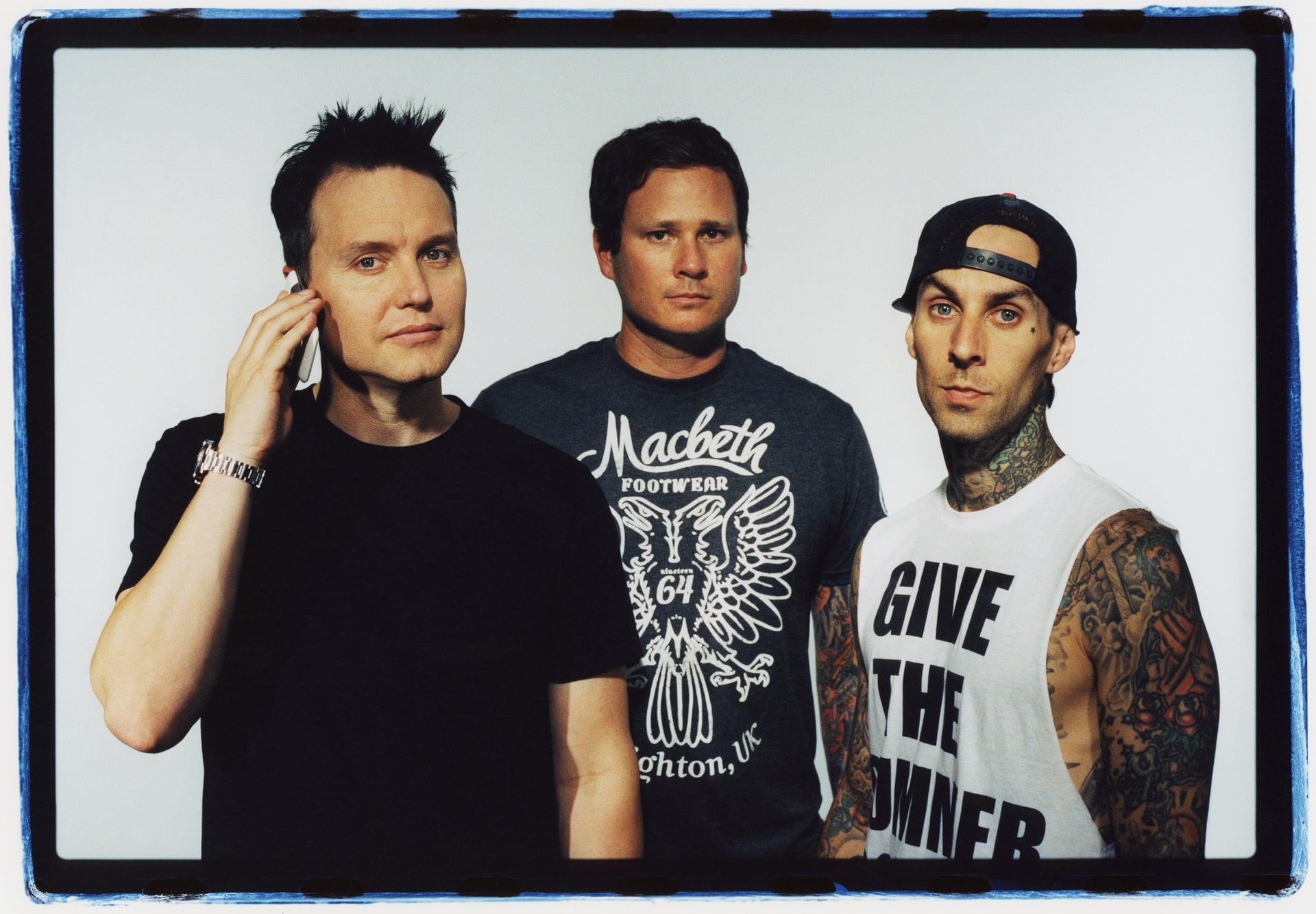 LOS ANGELES - 2011:  Band Blink 182 poses for a publicity photo shoot at the Sound Matrix Studio for their album, Neighbourhoods in Orange County, California 2011. Mark Hoppus, Tom DeLonge, Travis Barker(Photo by Estevan Oriol/Getty Images)