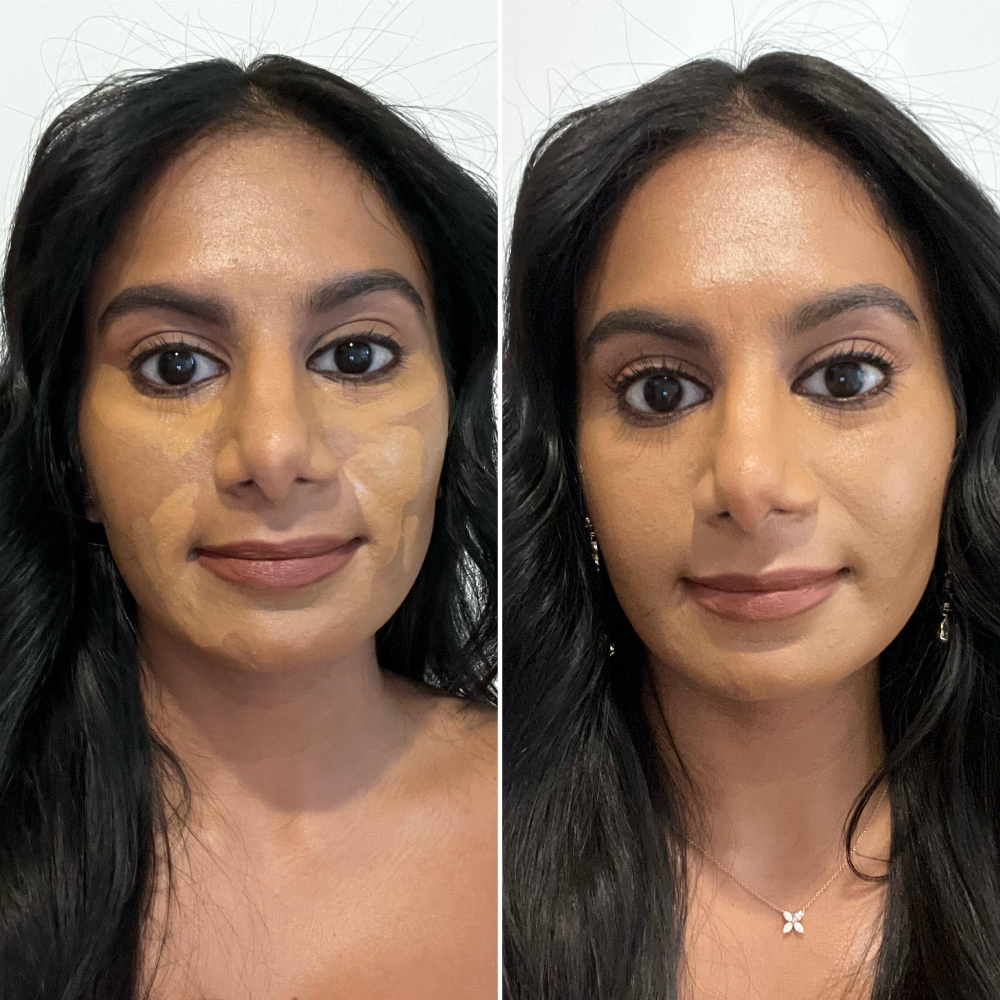 woman applying the Huda Beauty #FauxFilter Luminous Matte Buildable Coverage Crease Proof Concealer in shade Praline 6.3 Neutral.  The right side is the concealer applied onto the face unblended, the left side is the concealer blended out.