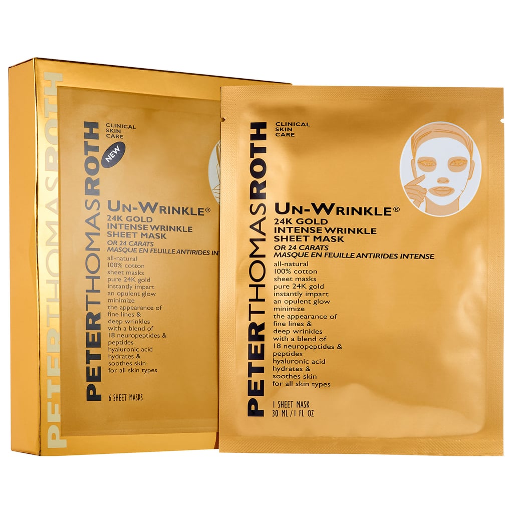 Best for: When you want to treat yourself.
If you want to feel pampered during your next Parks and Recreation binge-a-thon, why not break out a product packed with gold? Peter Thomas Roth Un-Wrinkle 24K Gold Intense Wrinkle Sheet Mask ($68 for six masks) contains real 24-karat gold, which soothes skin and provides anti-inflammatory benefits. The ingredient list also features a wide range of peptides, which make your wrinkles fade and tighten any sagging.