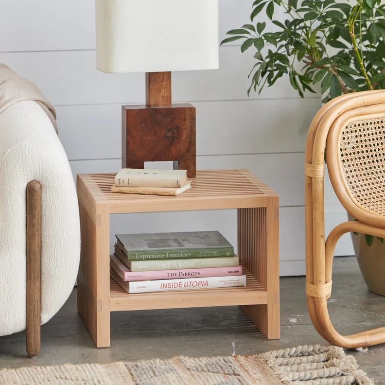 A Side Table: Avocado Green Slatted Wood Side Table