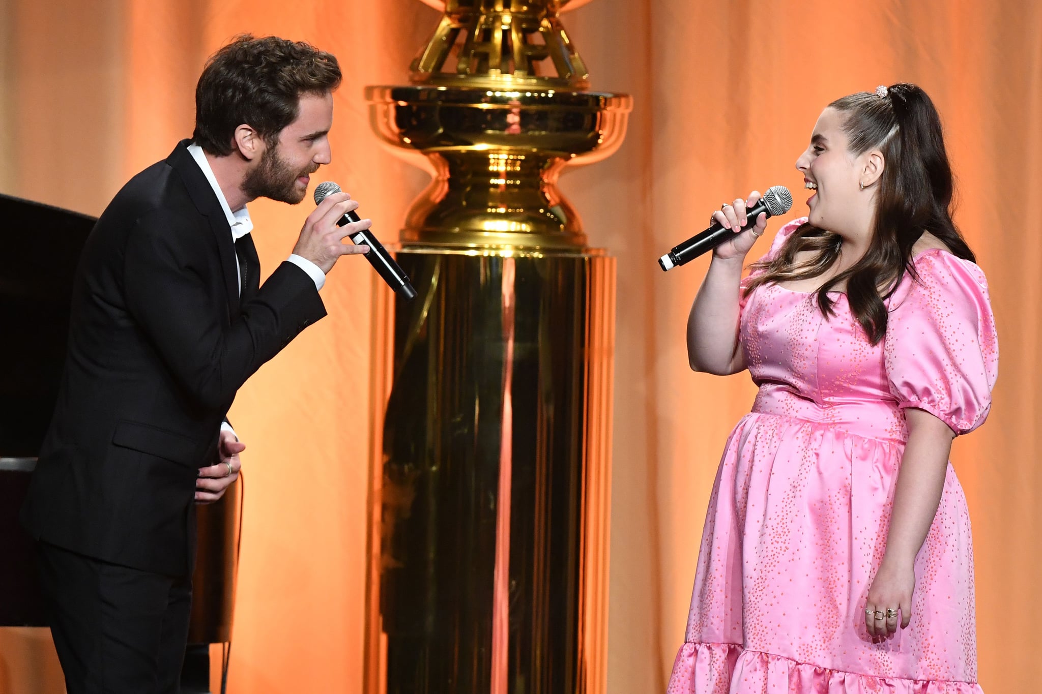 US actress Beanie Feldstein and US actor Ben Platt perform on stage during the Hollywood Foreign Press Association Annual Grants Banquet at The Beverly Wilshire, in Beverly Hills on July 31, 2019. (Photo by Valerie MACON / AFP)        (Photo credit should read VALERIE MACON/AFP/Getty Images)