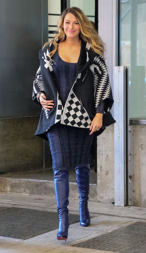 Blake stepped out in a body-hugging midi dress paired with knee-high leather boots. But she cozied up by adding her Lindsey Thornburg Los Ojos trench cloak.