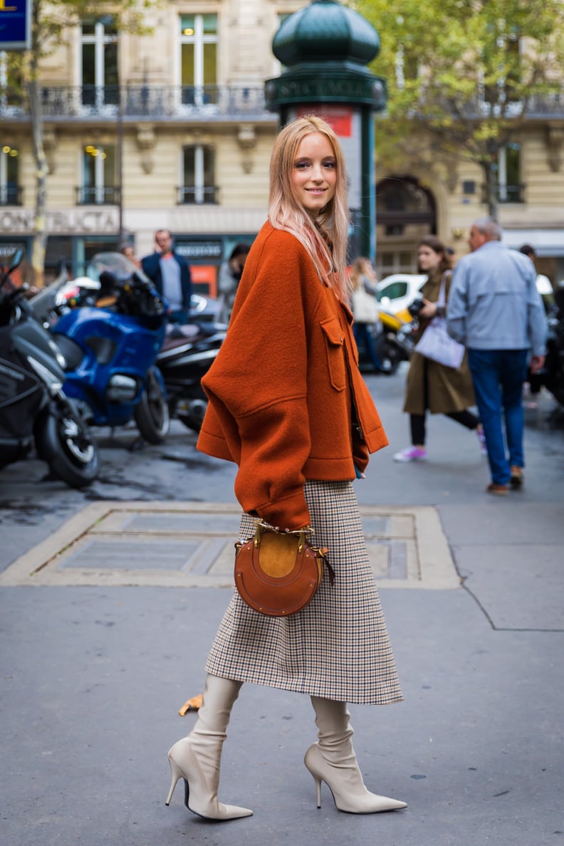 Style a Burnt Orange Jacket With a Checkered Midi Skirt
