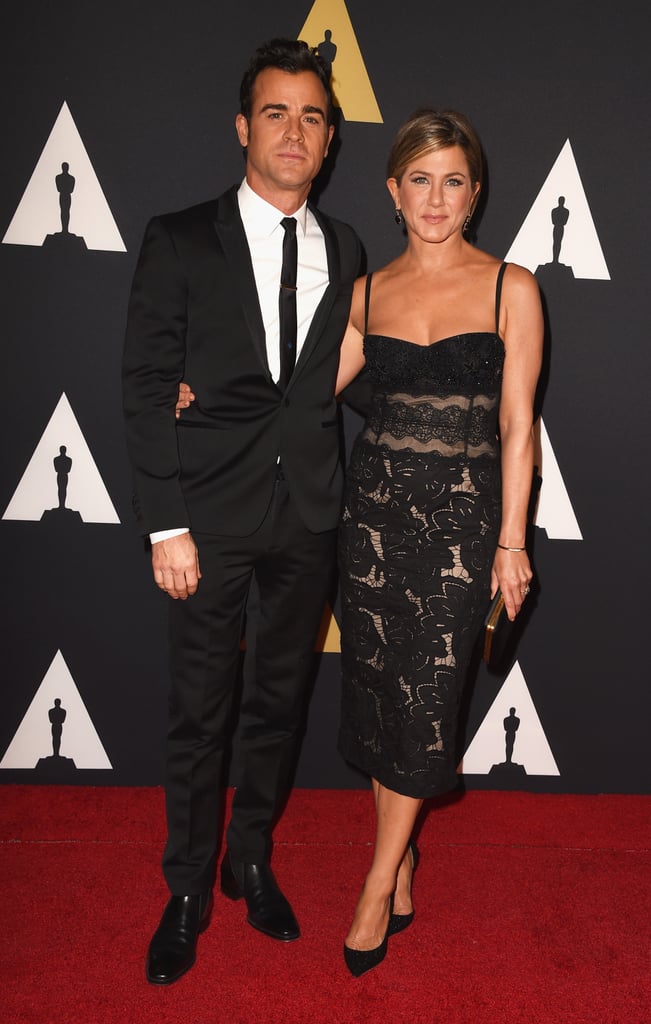 Justin Theroux and Jennifer Aniston matched in black ensembles on the red carpet at the Governors Awards.