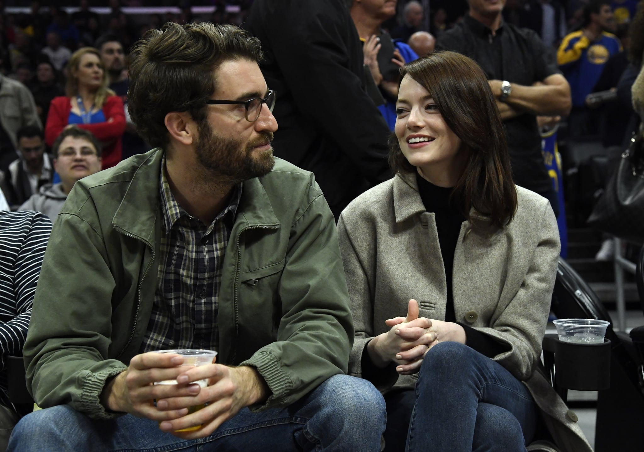 LOS ANGELES, CA - JANUARY 18: Emma Stone and Dave McCary attend the Golden State Warriors and Los Angeles Clippers basketball game at Staples Center on January 18, 2019 in Los Angeles, California. NOTE TO USER: User expressly acknowledges and agrees that, by downloading and or using this photograph, User is consenting to the terms and conditions of the Getty Images License Agreement. (Photo by Kevork Djansezian/Getty Images)