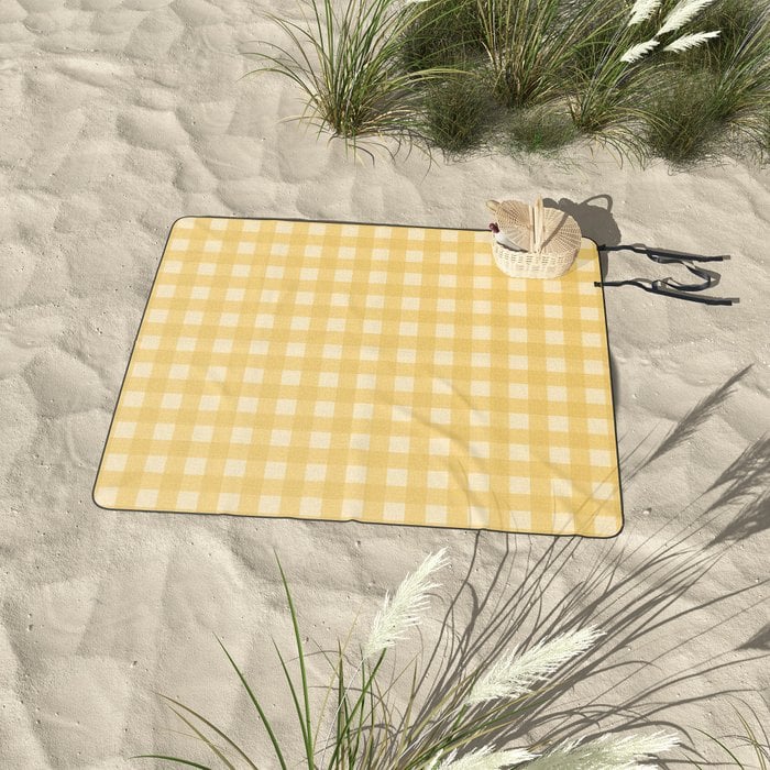 Gingham Pattern Yellow Picnic Blanket by midcenturymodern