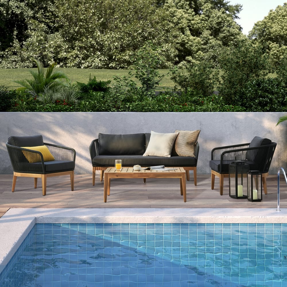 A Modern Patio Set: Maui Loveseat, Lounge Chairs, and Coffee Table Set