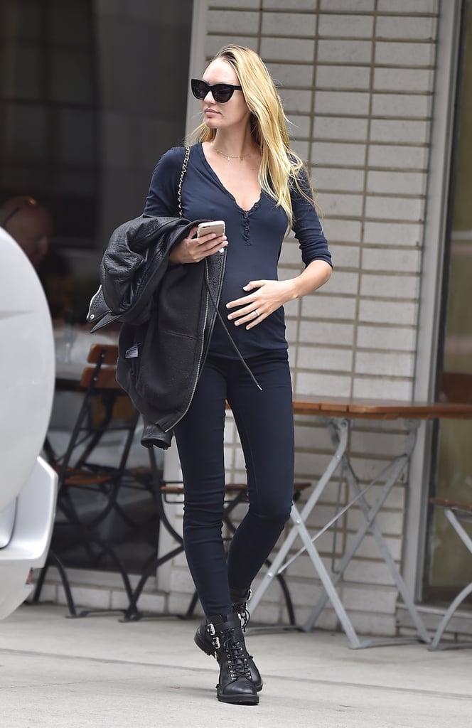 Candice Cradled Her Baby Bump in a Navy and Black Look