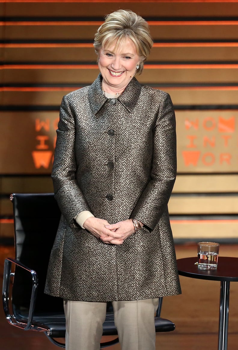 Hillary Wearing a Metallic Jacket at the Women in the World Summit