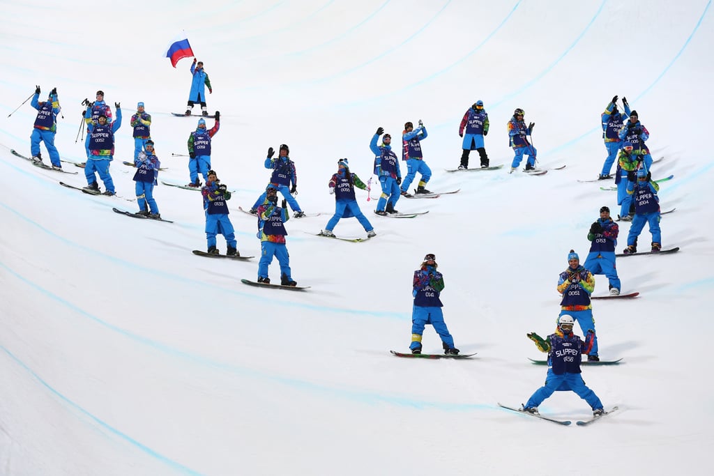 Crew members skied down the middle of the halfpipe in the shape of a massive heart to honor Sarah.
