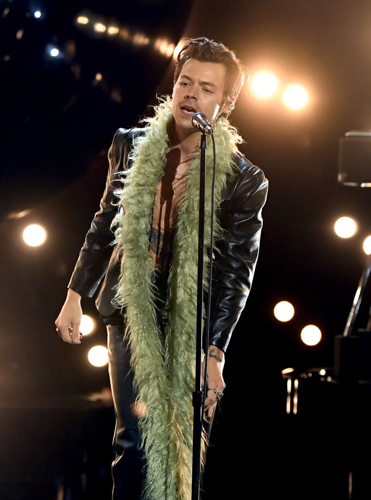 Harry Styles Wears Leather Suit and Fuzzy Scarf For Grammys