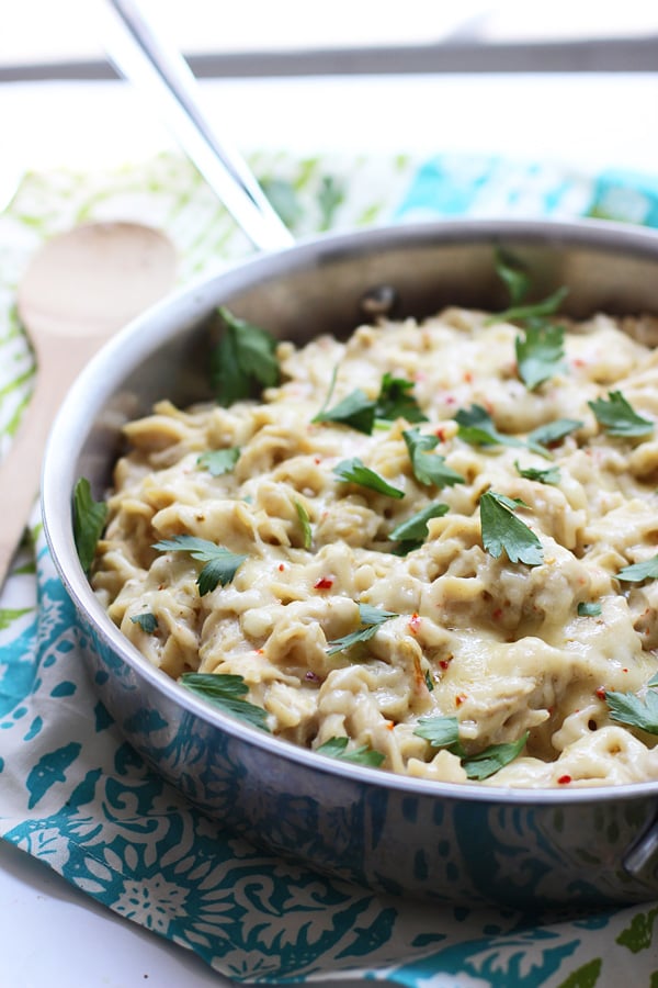 1-Pan Sour Cream and Jalapeño Cheddar Chicken Enchilada Pasta