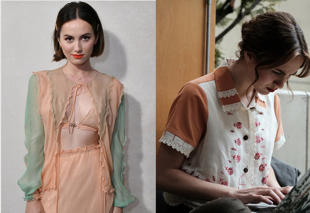 Left: Maude Apatow styled by Mimi Cuttrell for the Fendi spring/summer 2023 show at Milan Fashion Week. Right: Lexi Howard wears an embroidered 3 Women Co linen collared crop top on "Euphoria."