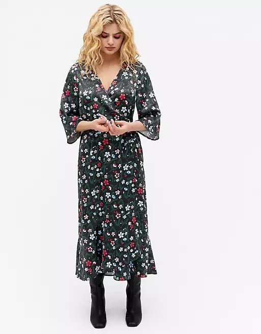 Monki Amanda Satin Wrap Midi Dress in Floral