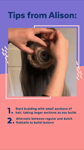 Valsmis recommends alternating between fishtail braids and dutch braids when building the rose, as a way to make the style look more textured. Once your rose has reached your desired size, finish it off by wrapping a dutch braid around it to give the style a more petaled look.