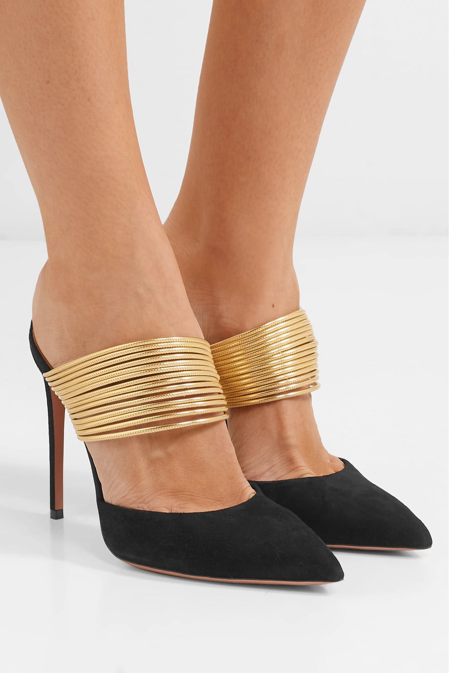 Meghan Markle s Black Aquazzura Heels With Gold Straps 2019 POPSUGAR Fashion