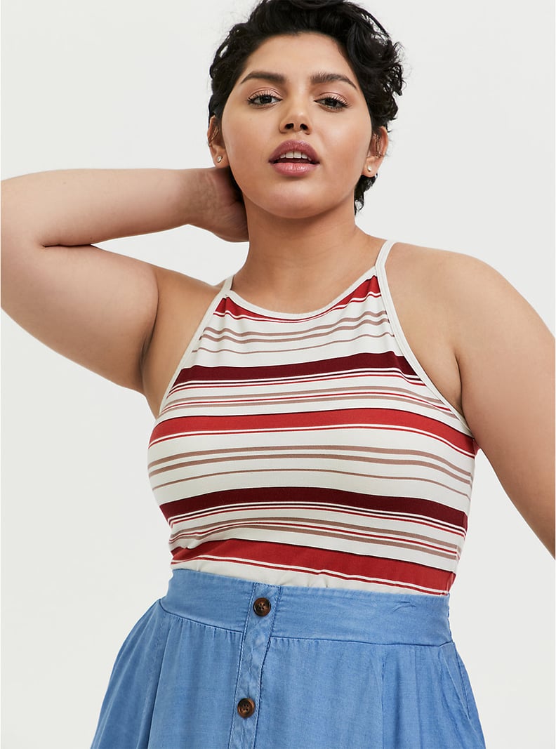 Torrid Ivory & Red Stripe High Neck Crop Foxy Cami