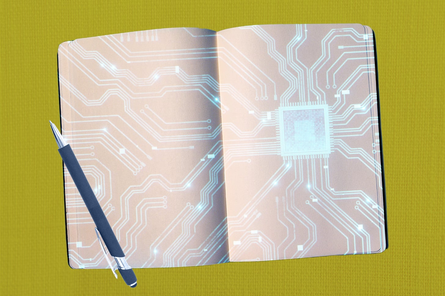 AI journaling for mental health graphic with a journal and pen.