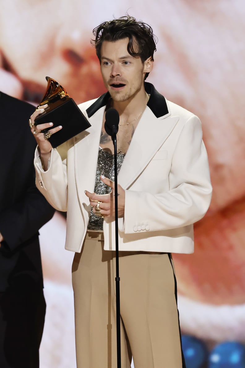 Harry Styles Wearing a Crystal Top and White Jacket at the 2023 Grammys