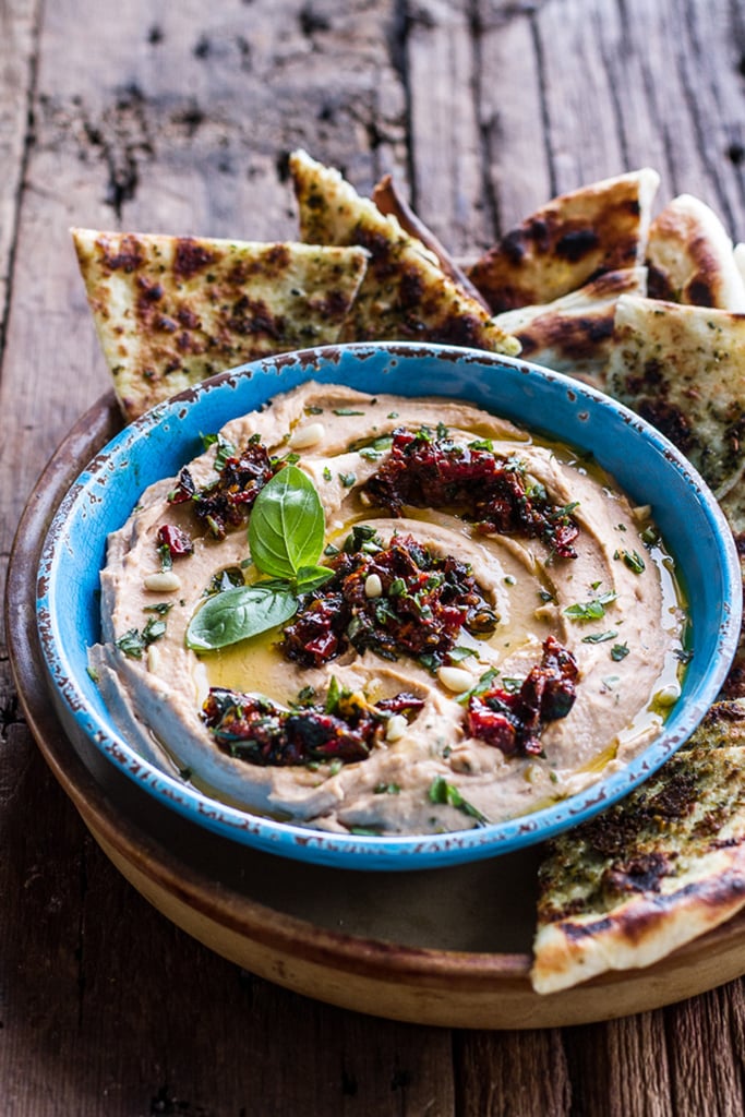 Margherita Pizza Hummus With Grilled Pesto Bread