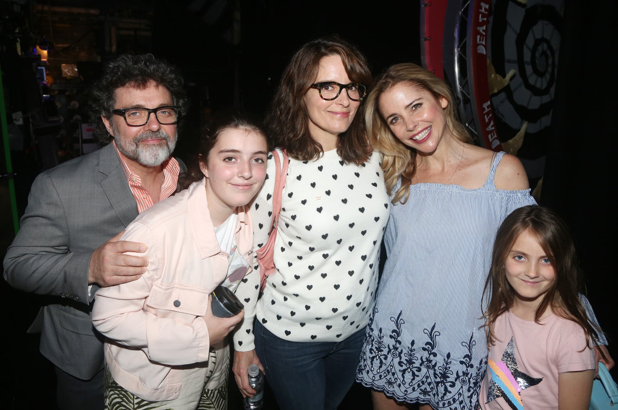NEW YORK, NY - JUNE 08: (EXCLUSIVE COVERAGE) (L-R) Jeff Richmond, Alice Zenobia Richmond, Tina Fey, Kerry Butler and Penelope Athena Richmond pose backstage at the hit musical based on the film 