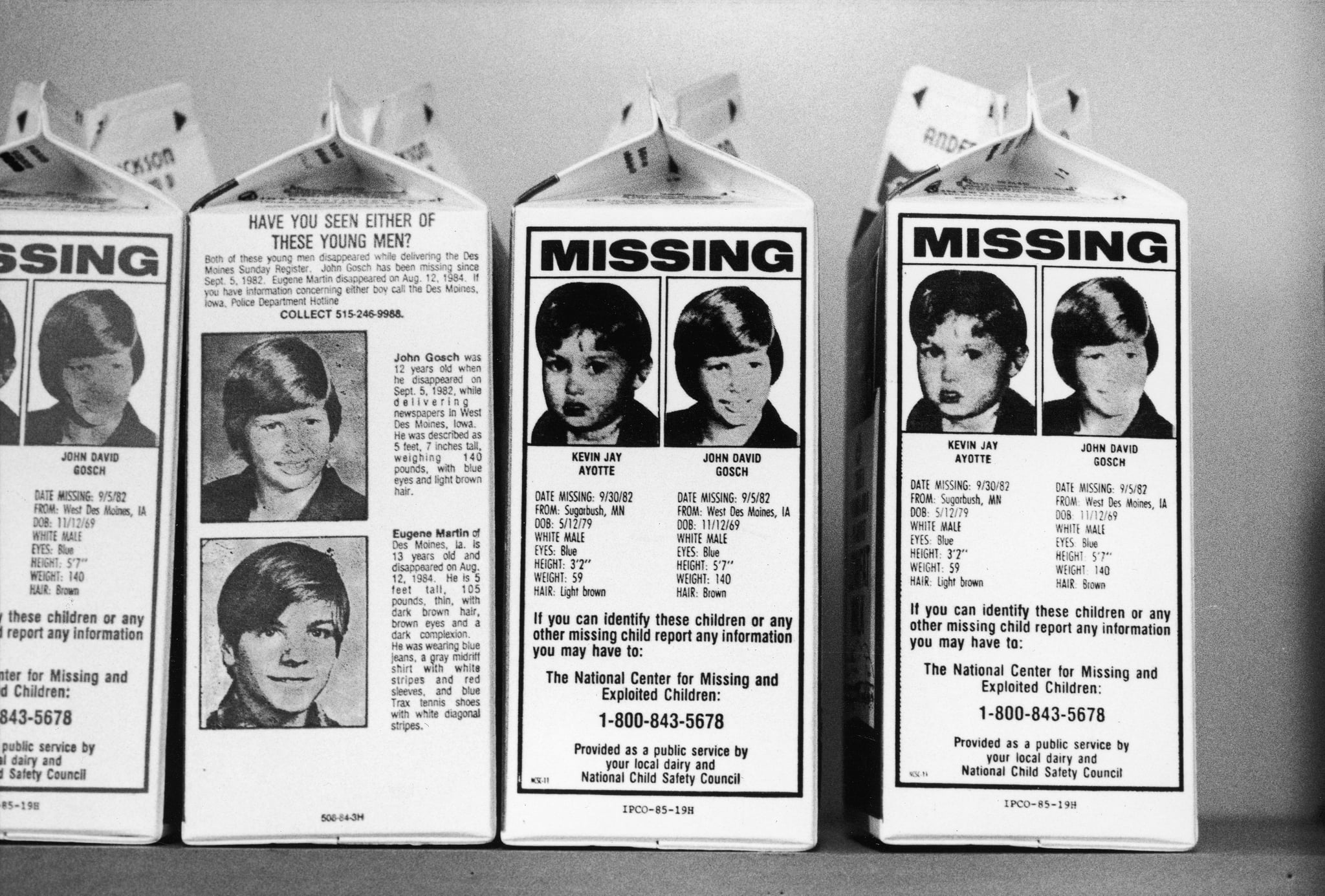 Milk cartons w. portraits of var. missing children who are assumed to have been kidnapped incl. Johnny Gosch, Kevin Ayotte & Eugene Martin.  (Photo by Taro Yamasaki/The LIFE Images Collection/Getty Images)