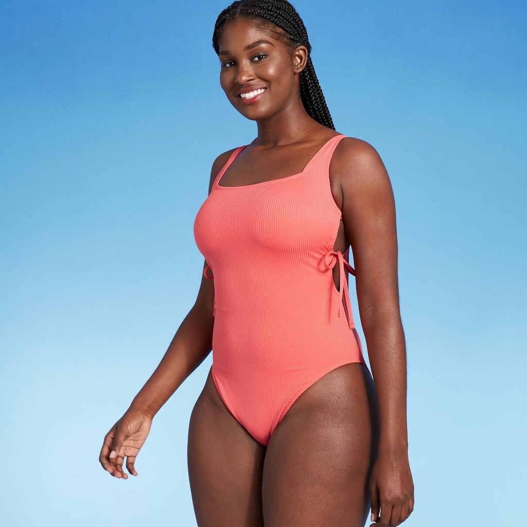 Shade & Shore Square Neck Side-Tie Ribbed One-Piece Swimsuit