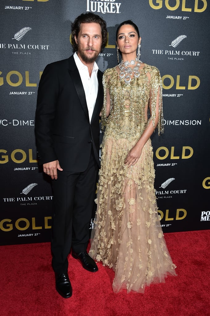 Camila Alves's Marchesa Gold Gown at NYC Gold Premiere
