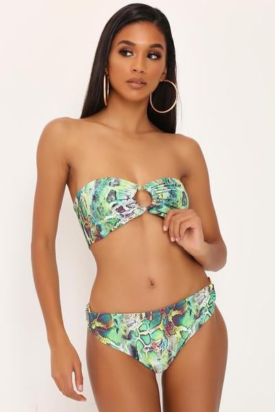 I Saw It First Green Snake Print Bikini Bottoms With Gold Hoops