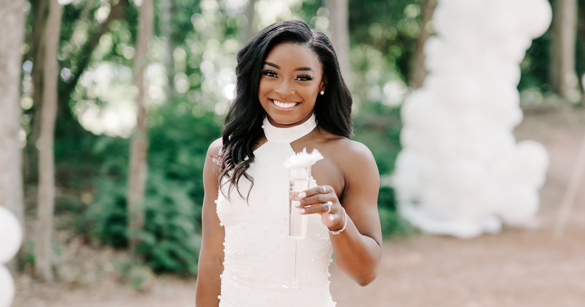 Simone Biles's High-Slit Bridal-Shower Dress Is Covered in Pearls
